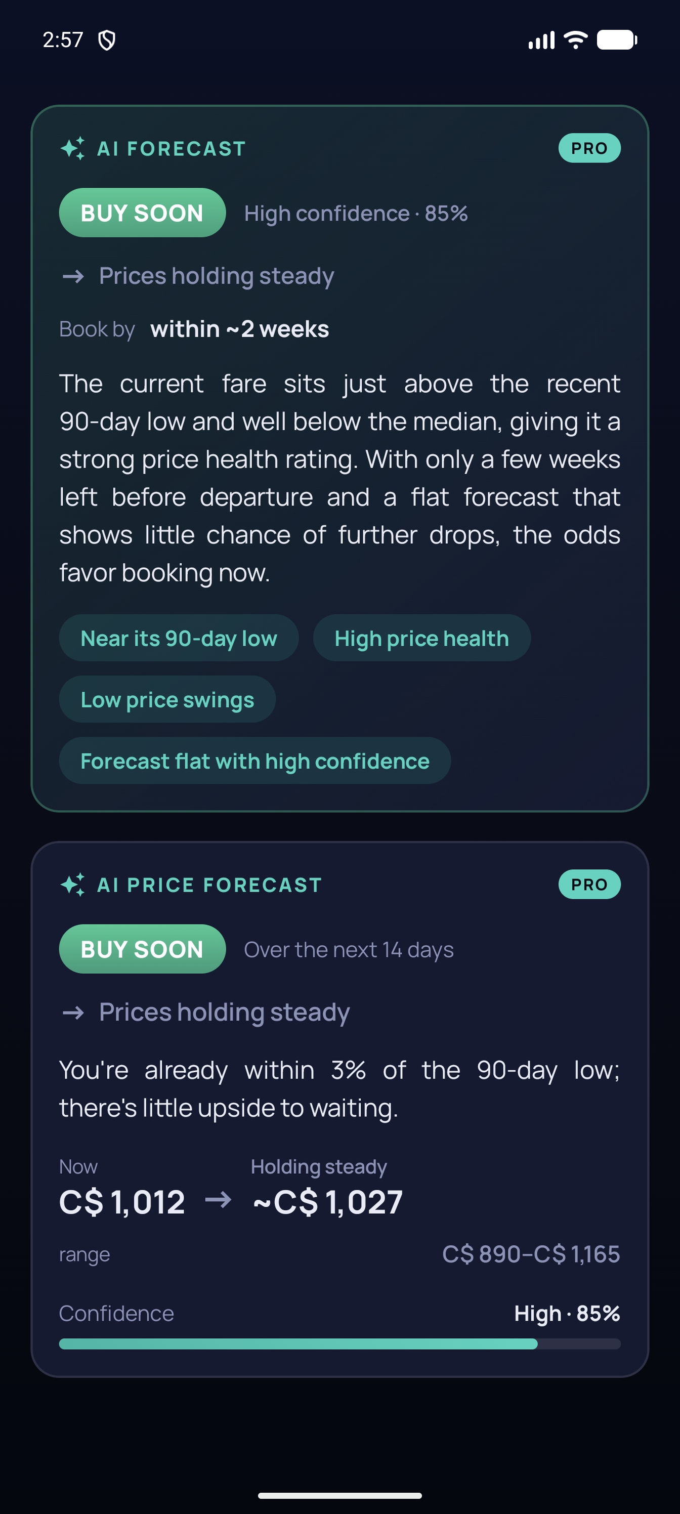 Faresight app showing an AI price forecast for a tracked route