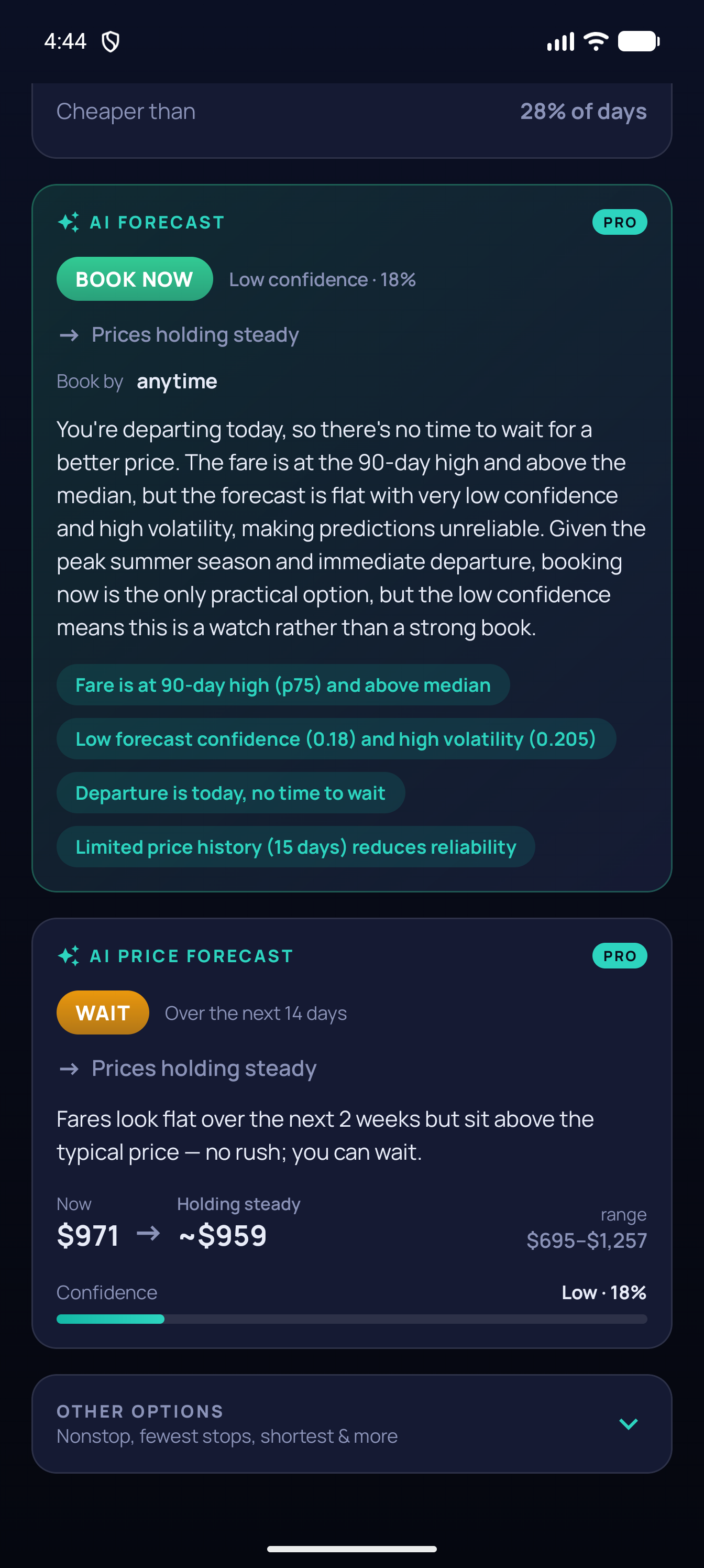 Faresight app showing an AI price forecast for a tracked route